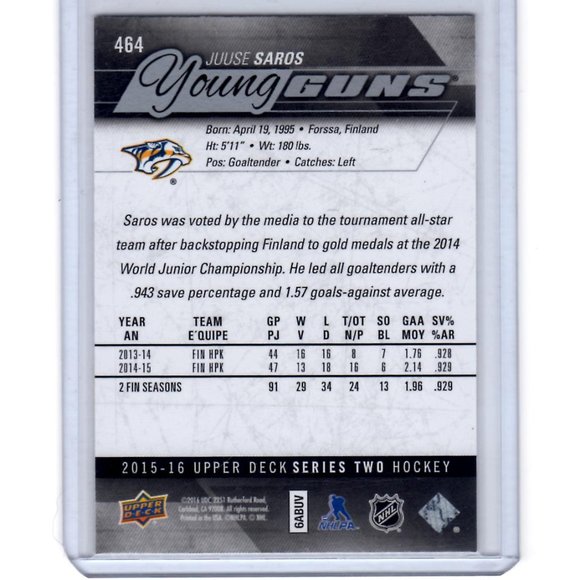 Juuse Saros Young Guns Upper Deck Rookie Card 2015/16 #464 Nashville Predators - Picture 2 of 4